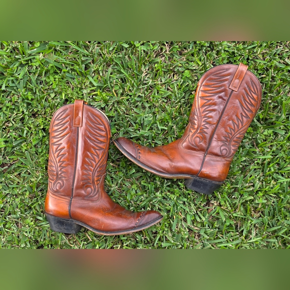 Vintage 70s Acme Cowboy Boots Cognav Brown Mens 12D